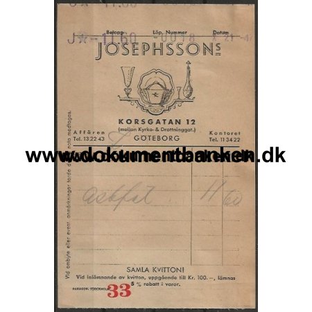 Josephsson's Korsgatan 12 Gteborg Regning 1947