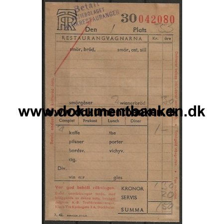 Restaurantvangarna SJ regning 1947