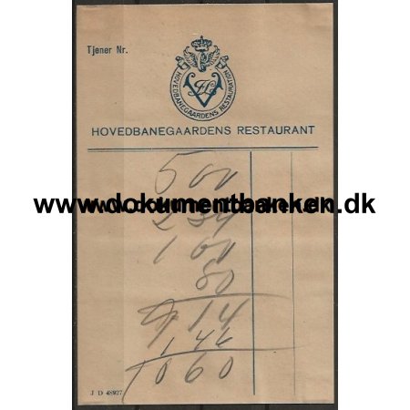 Hovedbanegaardens Restaurant Kbenhavn Regning 1947