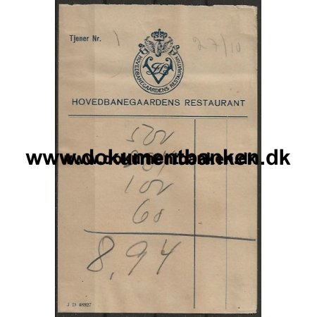 Hovedbanegaardens Restaurant Kbenhavn Regning 1947