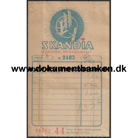 Restaurant Skandia Vesterbrogade 2 Regning 1947