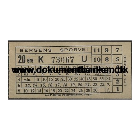 Bergen Sporvej billet 20 re Norge 1946