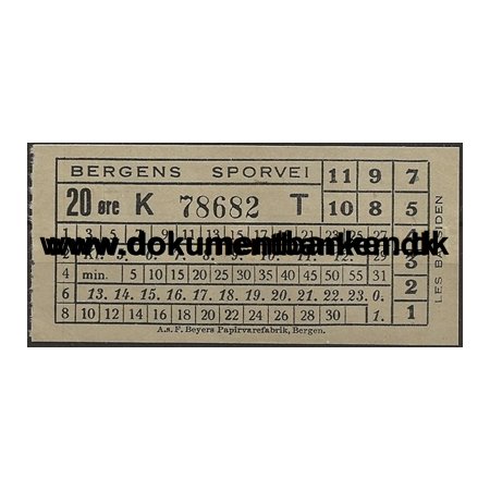 Bergen Sporvej billet 20 re Norge 1946