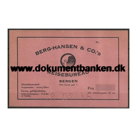 Berg-Hansen & Co.'s Reisebureau Bergen Billetomslag samt Regning 1946