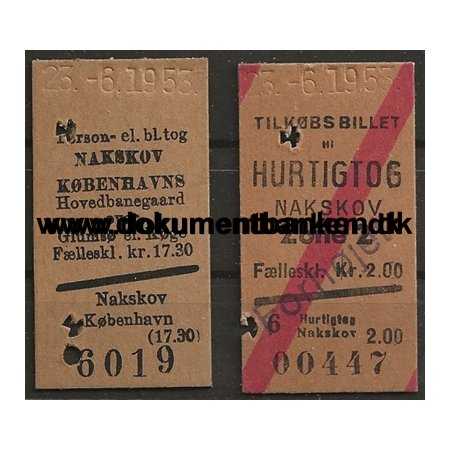 Togbillet Nakskov - Kbenhavn Edmonsonsk 1953