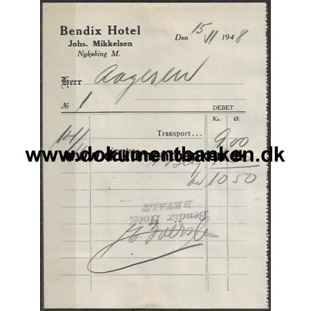 Bendix Hotel Nykbing Mors Hotelregning Dokument 1948