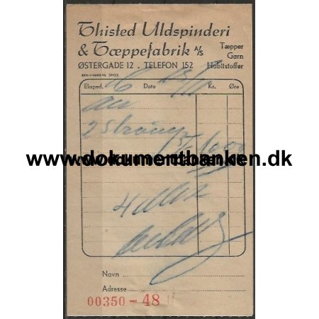 Thisted Uldspinderi & Tppefabrik A/S stergade 12 Thisted Regning Dokument 1948