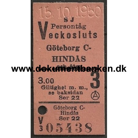 Veckosluts Togbillet Edmonsonsk Gteborg C - Hinds 1950