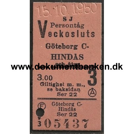 Veckosluts Togbillet Edmonsonsk Gteborg C - Hinds 1950