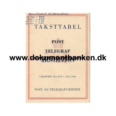 Taksttabel for Post, Telegraf og Rigstelefon 1 juli 1946