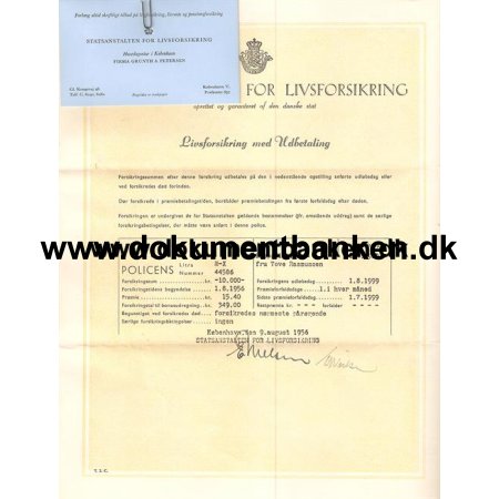 Statsanstalten for Livsforsikring. Rasmussen, Tove. Peder Lykkes Vej 55, 3 sal Kbenhavn S. 1956