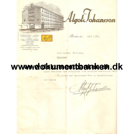 Sverige. Bors. Algot Joahanssons AB. Brev. 1938