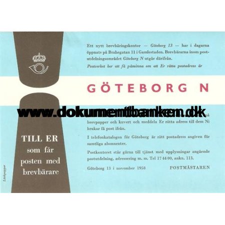 Sverige. Postverket. Info bning af brevbringskontor Gteborg 13. i november 1958
