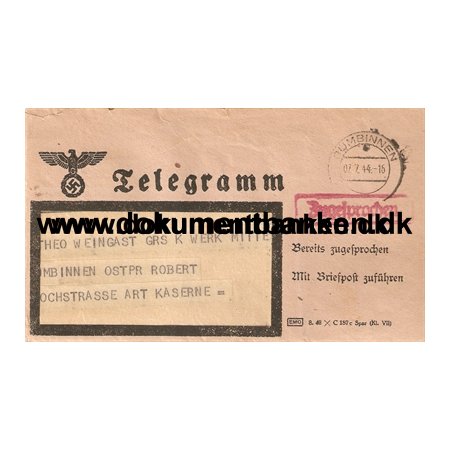 Telegram Tyskland. Gumbinnen (Gussew) 7 juli 1944 med indhold