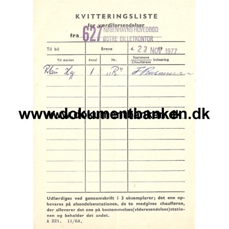 DSB. KH. stre Billetkontor, Kvittering for vrdiforsendelser. 1977