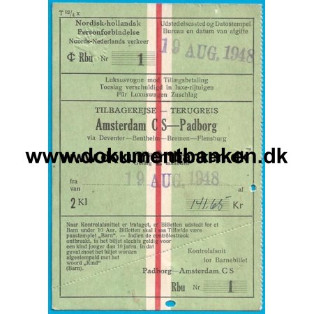 Togbillet Amsterdam C S - Padborg 1948