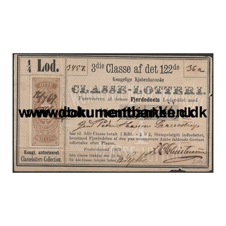 Classe-Lotteri Lodseddel 8 Skilling 1869