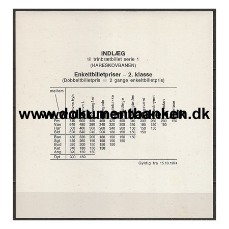 Enkeltbilletpriser Hareskovbanen Prisliste 1974