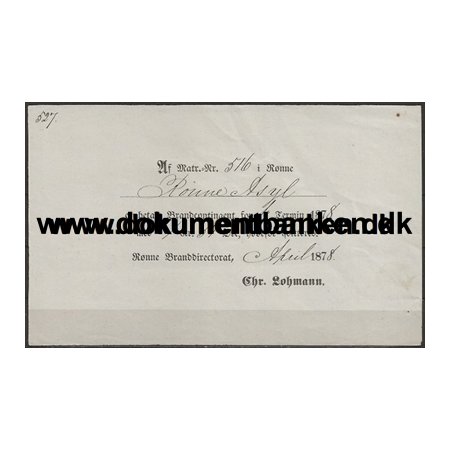 Brandforsikring Kvittering for Brnehjemmet i Rnne p Bornholm 1878