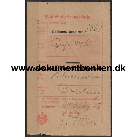 Post Indleveringsbevis Coblenz Tyskland 1897