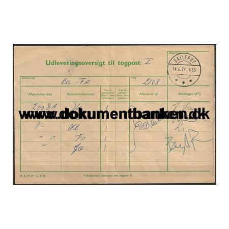 Udleveringsoversigt Togpost Ballerup Jernbane 14 Juni 1974