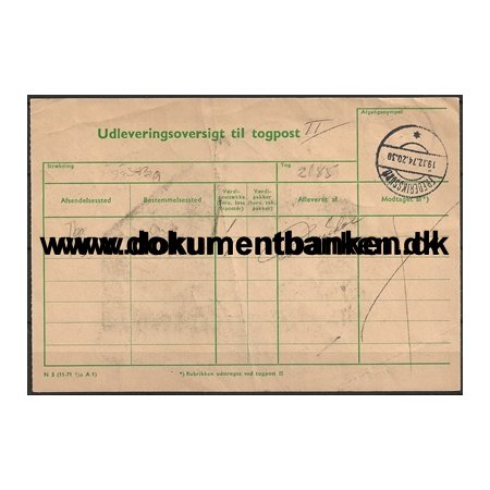 Udleveringsoversigt Togpost Frederikssund Jernbane 19 December 1974