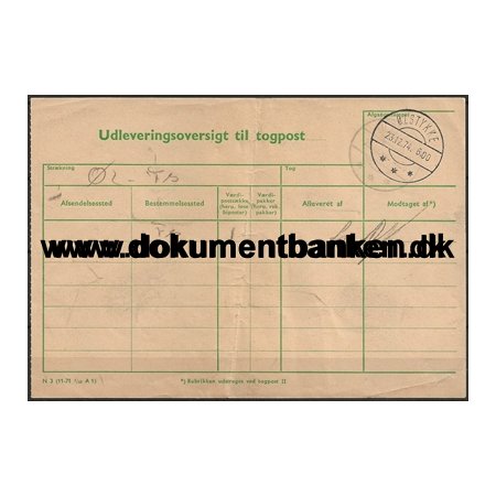 Udleveringsoversigt Togpost lstykke Jernbane 23 December 1974