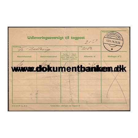 Udleveringsoversigt Togpost Frederikssund Jernbane 13 November 1974