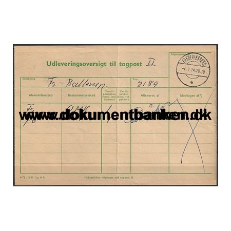 Udleveringsoversigt Togpost Frederikssund Jernbane 4 juli 1974