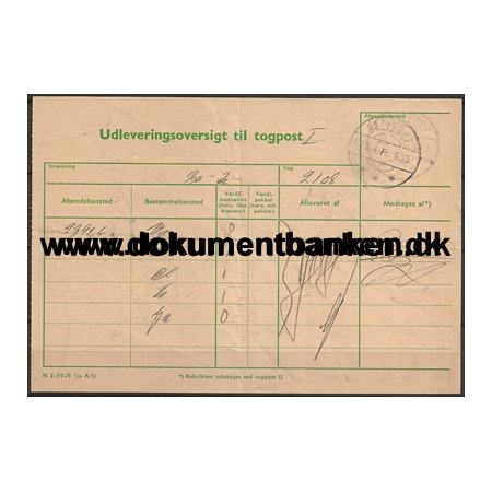 Udleveringsoversigt Togpost Ballerup Jernbane 28 januar 1975