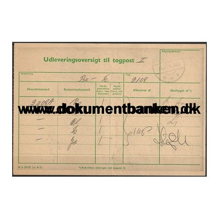 Udleveringsoversigt Togpost Ballerup Jernbane 18 August 1974