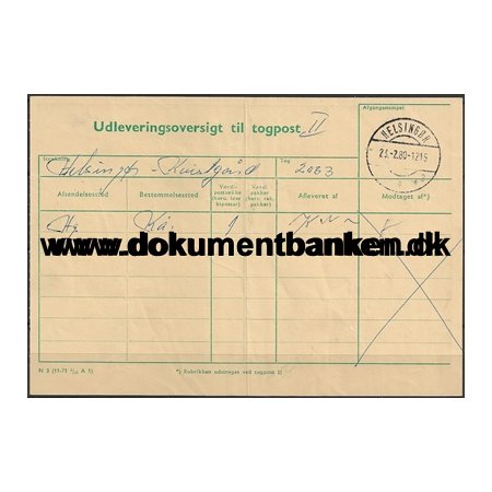 Udleveringsoversigt Togpost Helsingr Jernbane 23 februar 1980 