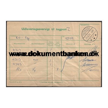 Udleveringsoversigt Togpost Roskilde Jernbane 31 December 1977