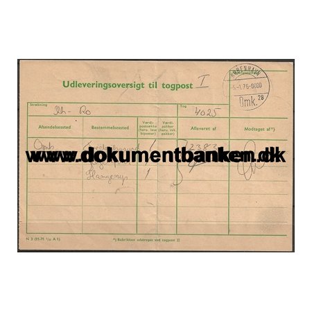 Udleveringsoversigt Togpost Kbenhavn Jernbane 6 Juni 1976