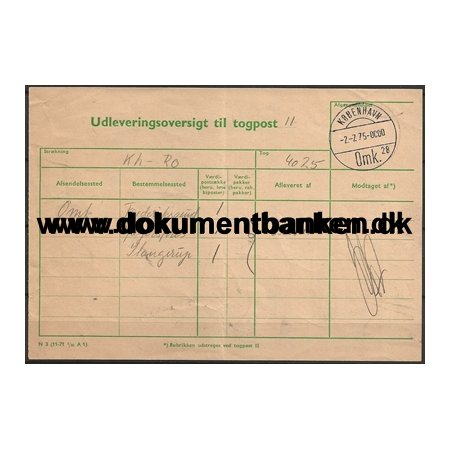 Udleveringsoversigt Togpost Kbenhavn Jernbane 2 Juli 1975