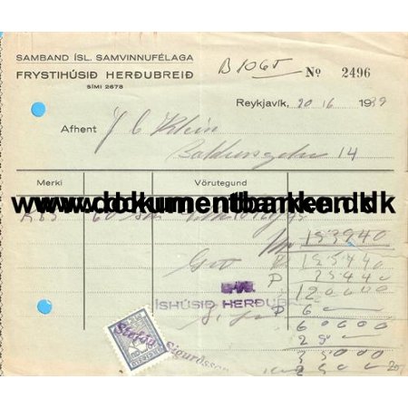 Island, Cooperativ Forening, Frysehuset Herdubreid, Nota, 1939