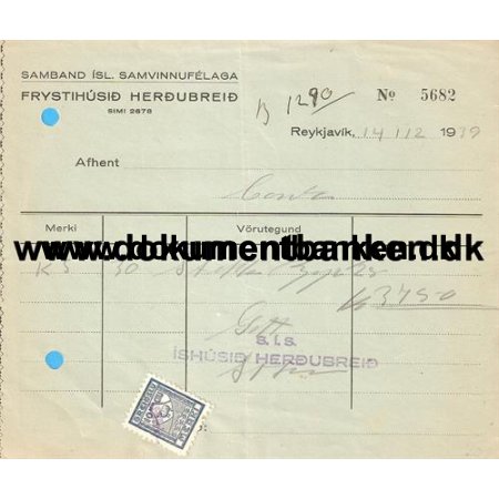 Island, Cooperativ Forening, Frysehuset Herdubreid, Nota, 1939