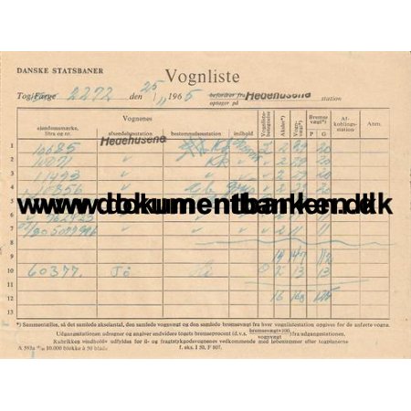 Danske Statsbaner Vognliste fra Hedehusene 25 November 1965