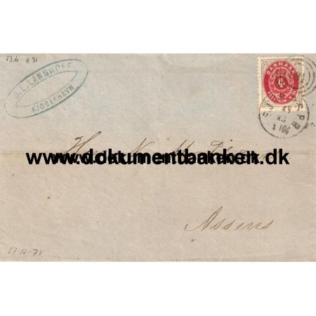 Brev 4 skilling brev fra Kbenhavn til Assens 1874