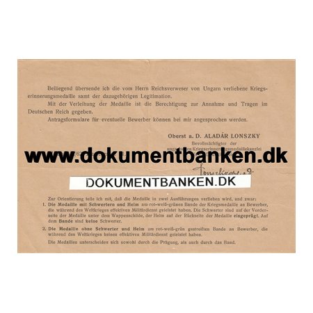Deutsche Reich. Dokument vedr. tildeling af erindrings medalje til Ungarnsk Soldat.