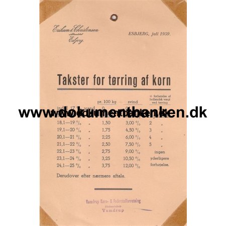 Vamdrup Korn- & foderstofforretning Vamdrup. Takster for trring af korn. Esbjerg 1959