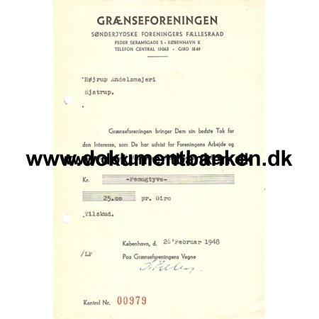 Grnseforeningen, Snderjydske Foreningers Fllesraad. Kvittering af 26 februar 1948
