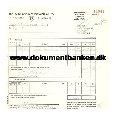 BP Olie - Kompagniet A/S Faktura 1951
