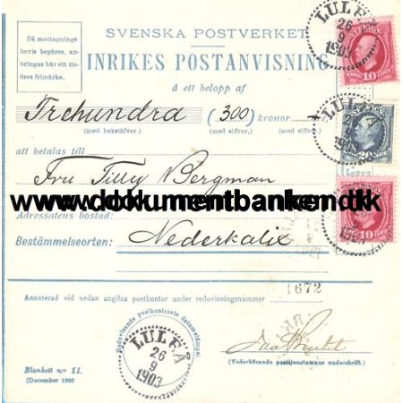 Lule, Inrikes Postanvisning, Til Neder Kalix, 1903