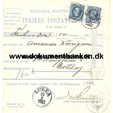 Lule, Inrikes Postanvisning, Til Gteborg, 1903