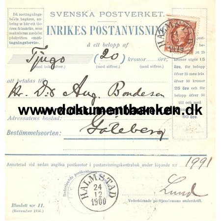 Halmstad, Inrikes Postanvisning, Til Gteborg, 1900