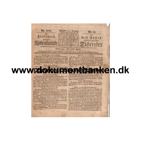 Avis 1771 - De Til Forsendelse Med Posten Allene Priviligerede Kjbenhavnske Tidender, mandagen 22 april