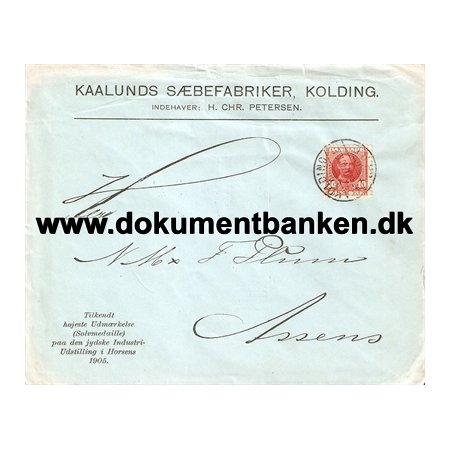 Kolding, Kaalunds Sbefabrikker, kuvert til Assens, 1907