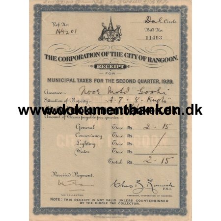 Burma (Myanmar) Receipt for Tax Dokument 1929