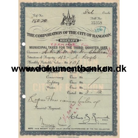 Burma (Myanmar) Receipt for Tax Dokument 1932